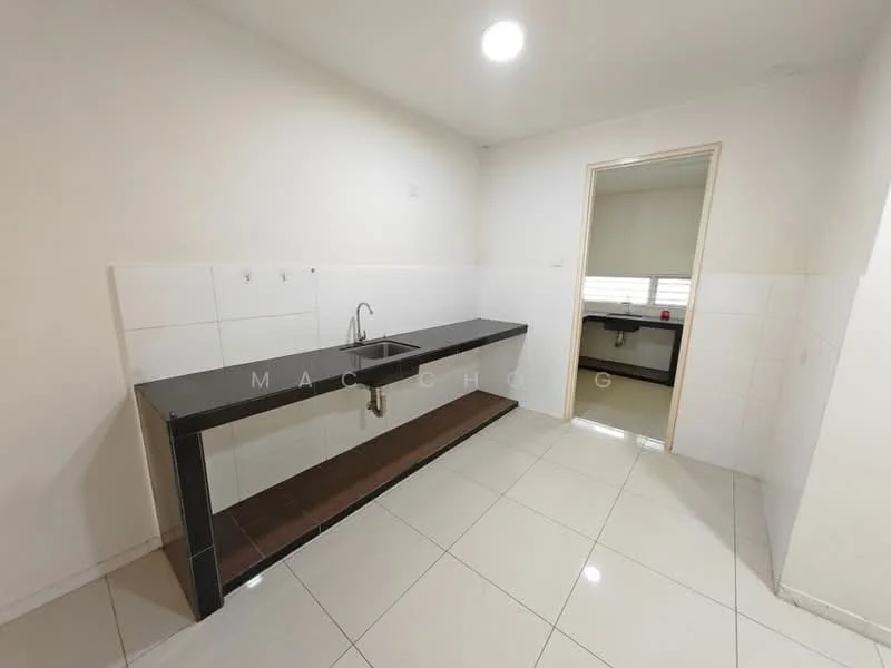 Kitchen features: black countertop, single-bowl stainless-steel sink, chrome pull-down faucet, white tiled walls, white ceramic tile flooring, wooden base shelf, under-cabinet lighting, window with blinds; style: modern.