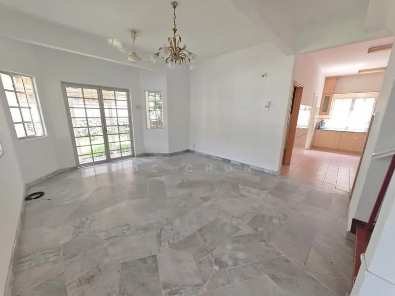 Living features: marble tile flooring, white painted walls, tray ceiling, 5-blade ceiling fan, chandelier, floor-to-ceiling windows, sliding glass door, view of garden; style: modern; view: garden. Room features: white painted walls, tile flooring.