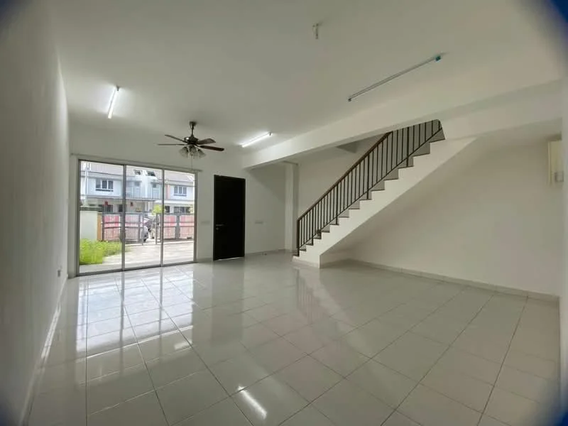 Living features: white painted walls, glossy ceramic tile flooring, 5-blade ceiling fan with light, sliding glass door, floor-to-ceiling windows, staircase with metal railing, recessed lighting, air conditioning unit; style: modern; view: garden.