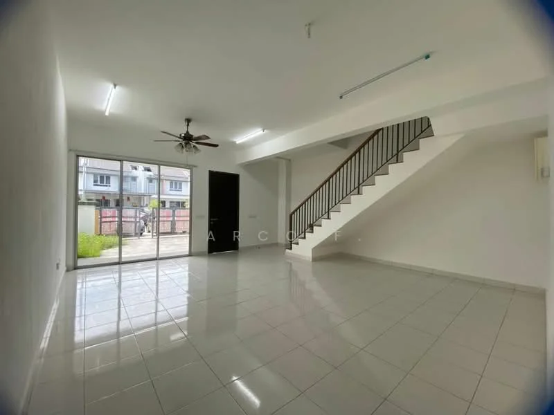 Living features: white painted walls, glossy ceramic tile flooring, 5-blade ceiling fan with light, sliding glass door, floor-to-ceiling windows, staircase with metal railing, recessed ceiling lights, open layout, natural light from windows; style: modern; view: garden.