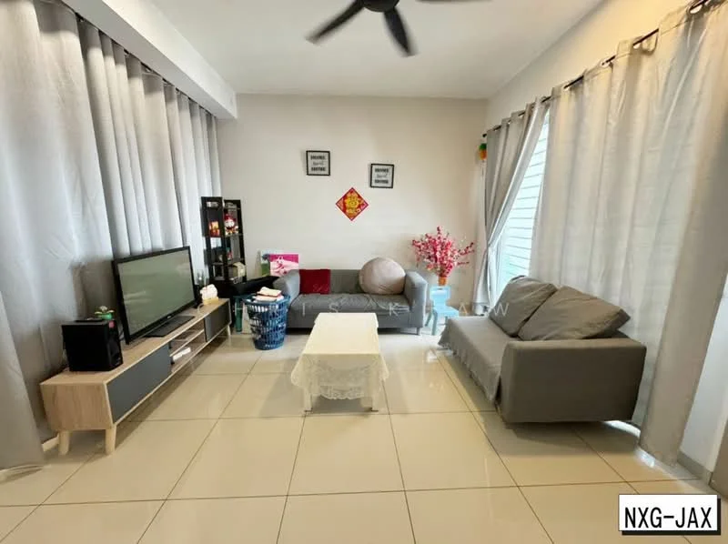 Living features: light grey fabric sofa, dark grey fabric sofa, white coffee table, TV console with storage, wall-mounted TV, ceramic tile flooring, floor-to-ceiling curtains, ceiling fan, decorative wall art, potted plant, decorative vase, framed wall decorations; style: modern.