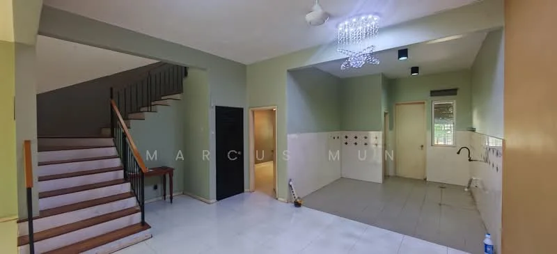 Living features: white tiled flooring, green painted walls, ceiling fan, chandelier, staircase with wooden steps, black door, wall-mounted light fixtures, open layout, kitchen area with white tiled backsplash, sink with faucet, multiple electrical outlets; style: modern.