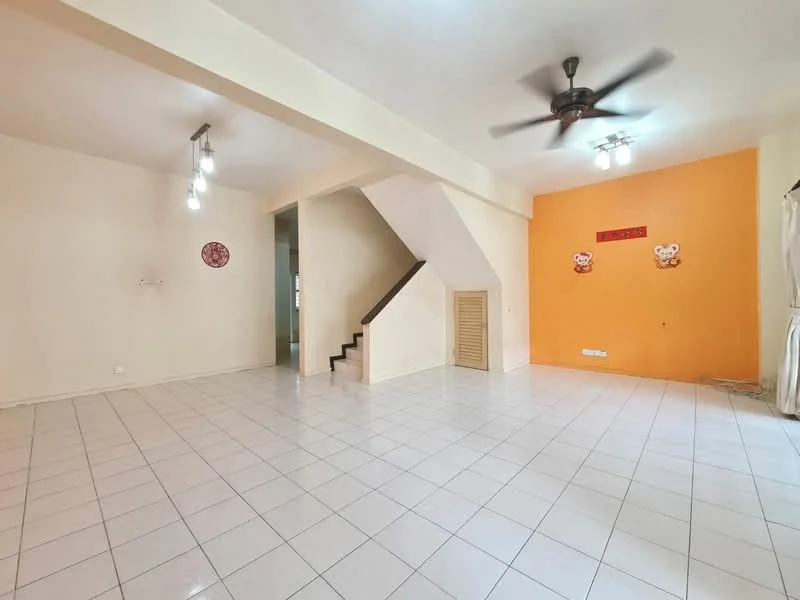 Living features: white painted walls, orange accent wall, ceramic tile flooring, 5-blade ceiling fan, recessed downlights, staircase leading to upper floor, window treatments, decorative wall art; style: modern.