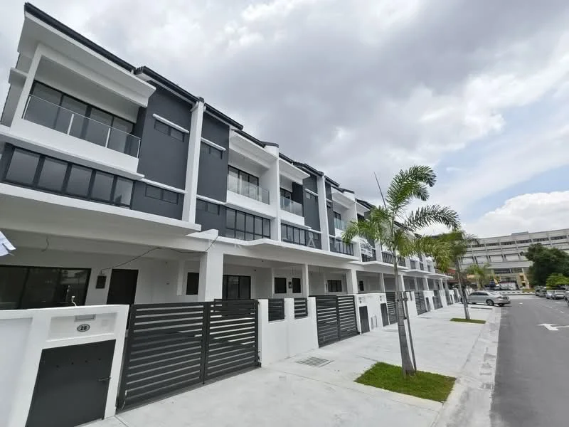 Exterior type: linked terrace house; features: grey painted facade, white painted facade, recessed balconies, multiple storeys, manicured landscaping, paved walkway, front yard with palm trees, modern architectural design, gated entry, parking spaces visible; style: modern.