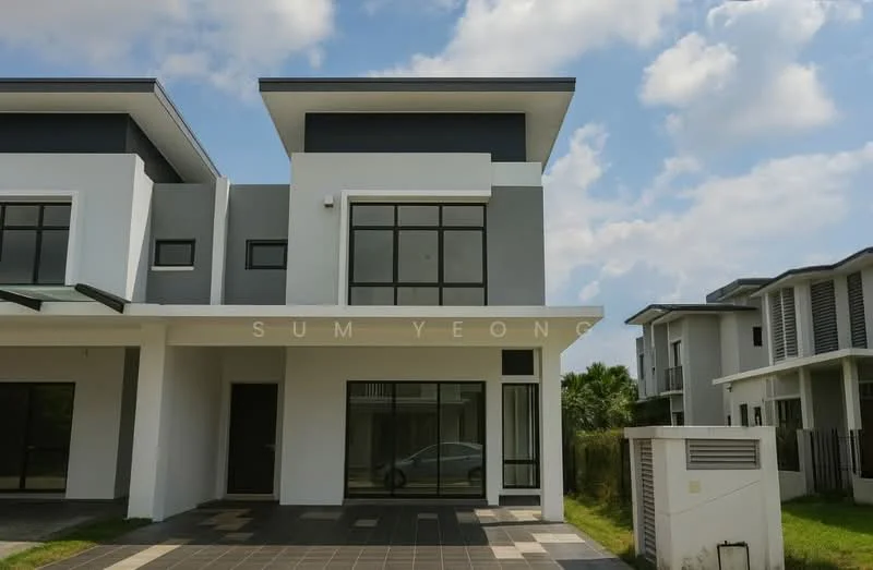 Exterior type: semi-detached house; features: grey and white painted facade, large floor-to-ceiling windows, flat roof, covered porch area, paved walkway, manicured lawn, surrounded by greenery; style: modern.
