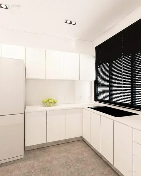 Kitchen features: white cabinetry, white countertop, black sink, stainless-steel fridge, black window blinds, recessed LED downlights, grey flooring, fruit bowl with green apples; style: modern.
