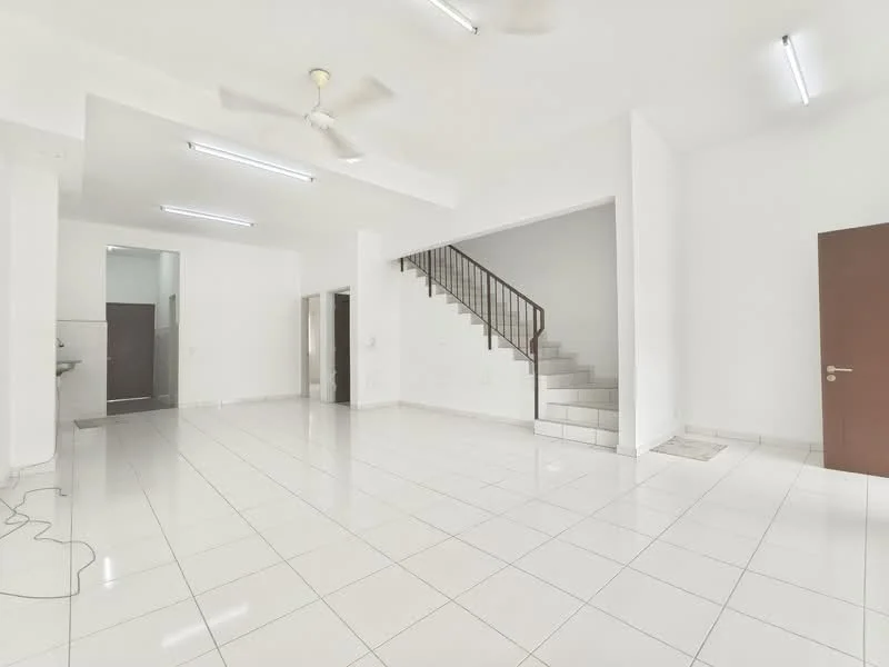 Room features: white painted walls, white tiled flooring, ceiling fan, staircase with metal railing, recessed ceiling lights, open layout, large windows, doorway leading to another room; style: modern.
