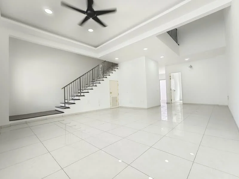 Living features: white painted walls, polished ceramic tile flooring, tray ceiling, recessed downlights, 5-blade ceiling fan, staircase with metal railing, large open space, doorway leading to other rooms; style: modern.