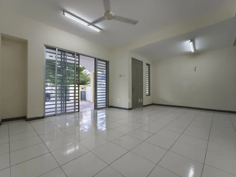 Room features: white painted walls, glossy ceramic tile flooring, ceiling fan, two fluorescent ceiling lights, sliding glass doors, metal grilles on windows, neutral color scheme, corner wall with door, open layout; style: modern.