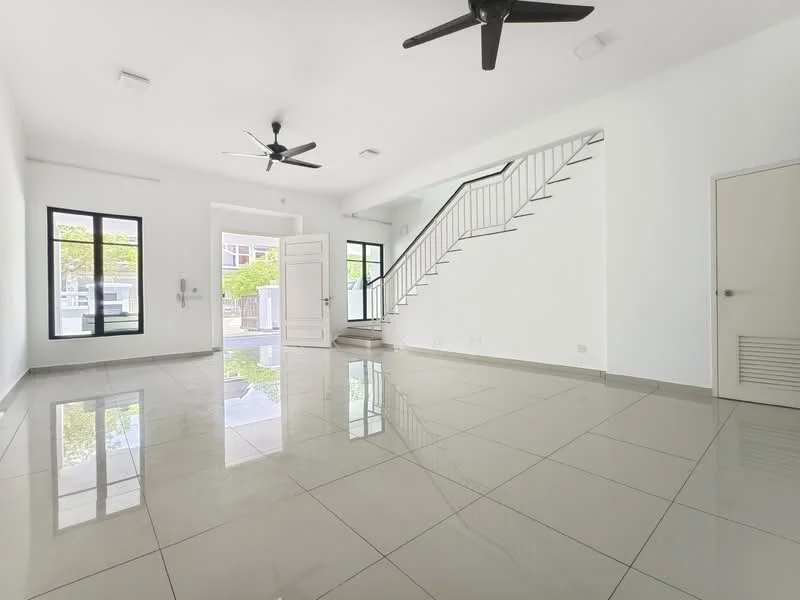 Living features: white painted walls, glossy ceramic tile flooring, 2 ceiling fans, large windows, double-door entrance, staircase with railing, natural light, open layout; style: modern.