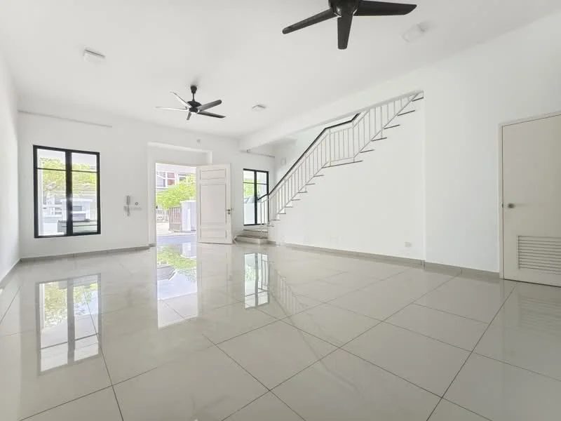 Living features: white painted walls, glossy ceramic tile flooring, 2 ceiling fans, large windows, open layout, staircase with railing, door leading outside, natural light; style: modern.