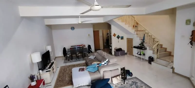 Living features: 3-seater fabric sofa in light grey, coffee table, wall-mounted TV, area rug with geometric pattern, ceiling fan, white painted walls, marble tile flooring, decorative wall art, dining table with chairs, staircase leading to upper floor, open layout, natural light from windows; style: modern.