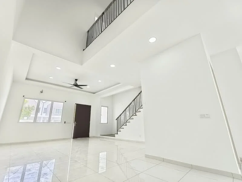 Living features: white painted walls, polished ceramic tile flooring, tray ceiling, recessed downlights, 5-blade ceiling fan with light, floor-to-ceiling windows, sliding glass door, staircase with metal railing, natural light from windows, open layout; style: modern; view: garden.