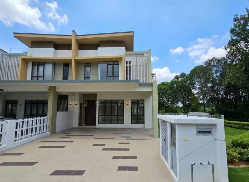 Exterior type: semi-detached house; features: two-storey building, white painted facade, balconies on upper floor, large windows, manicured lawn, paved driveway, front porch, surrounded by greenery, gated entry, modern architectural design; style: modern.