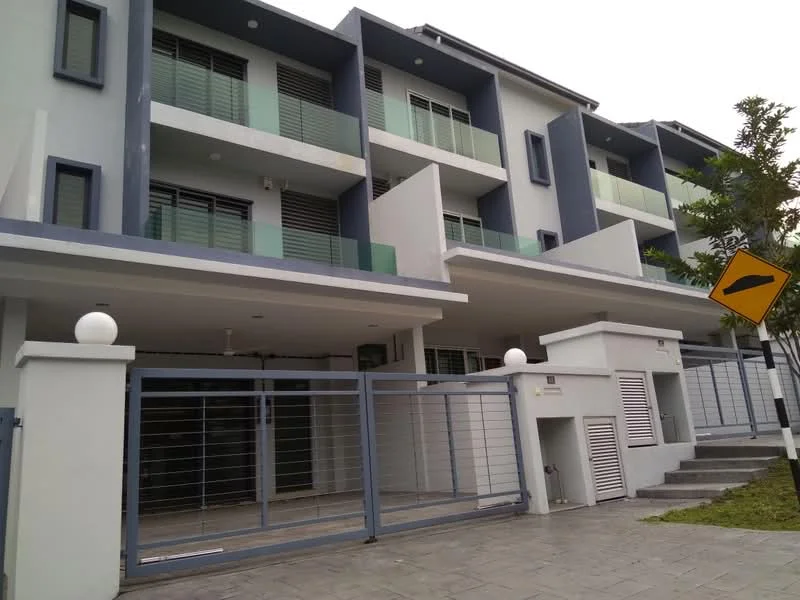 Exterior type: linked terrace house; features: two-storey building, white painted facade, grey accent walls, glass balcony railings, sliding glass doors, gated entrance, paved driveway, landscaped front yard, outdoor lighting, security gate, road sign visible; style: modern.