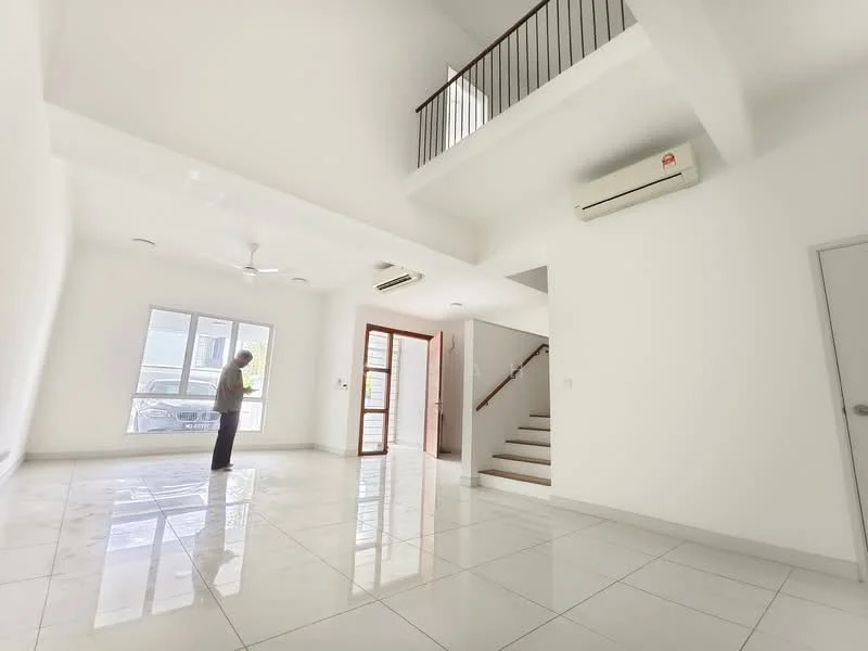 Living features: white painted walls, polished marble flooring, 5-blade ceiling fan with light, floor-to-ceiling windows, sliding glass door, recessed downlights, air conditioning unit, open layout, high ceiling, staircase leading to upper level; style: modern.