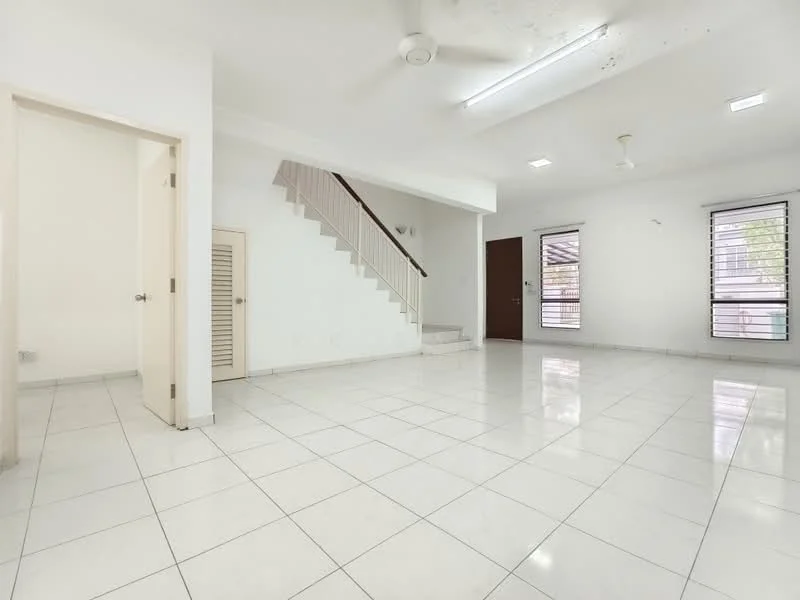 Living features: white painted walls, white ceiling, recessed downlights, 5-blade ceiling fan, large windows with blinds, white tiled flooring, staircase leading to upper floor, door leading outside; style: modern.