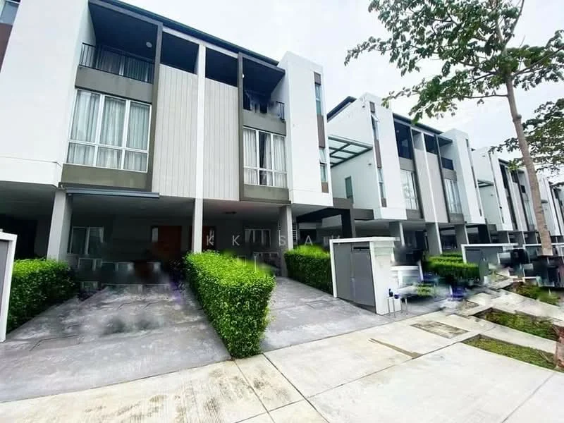 Exterior type: linked terrace house; features: white painted facade, grey accent wall, flat roof, manicured lawn, paved driveway, multiple storeys, balconies on upper floors, surrounded by greenery; style: modern.