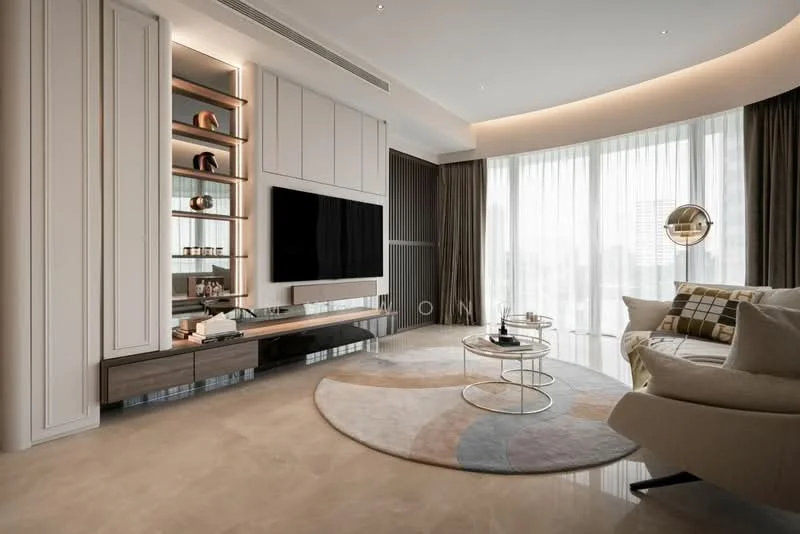 Living features: floor-to-ceiling windows, light grey walls, marble tile flooring, recessed downlights, wall-mounted TV, floating media console, decorative shelving, round coffee table, area rug with geometric pattern, beige sectional sofa, plaid throw pillows, curtains with sheer fabric; style: modern; view: city.