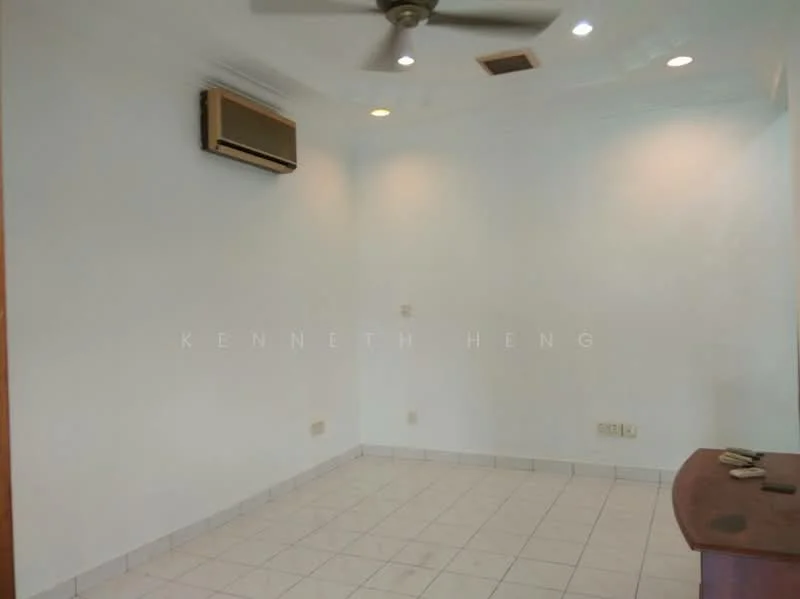 Room features: white painted walls, ceiling fan, wall-mounted air conditioning unit, tile flooring, recessed lighting, light switch, power outlets, corner for furniture placement.