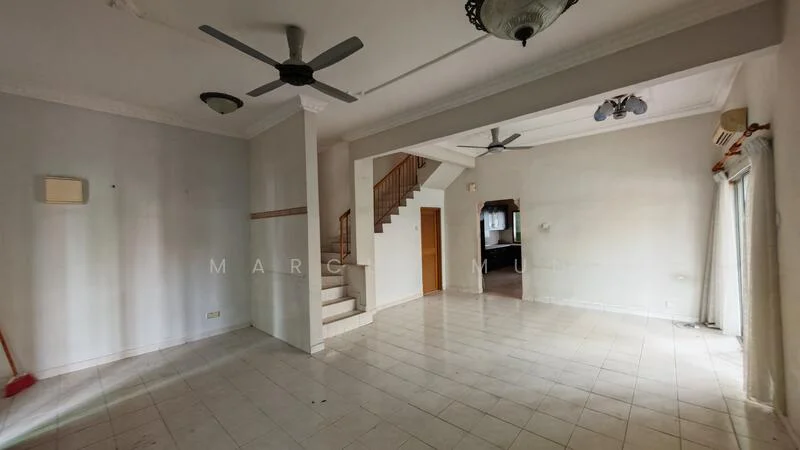 Living features: white painted walls, ceramic tile flooring, ceiling fan, 2-blade ceiling fan, recessed downlights, sliding glass door, curtains, staircase, open layout, wall-mounted AC unit. Room features: white painted walls, ceramic tile flooring, ceiling fan, 2-blade ceiling fan, recessed downlights, sliding glass door, curtains, staircase, open layout, wall-mounted AC unit.