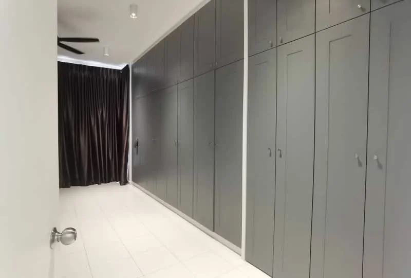 Room features: grey cabinetry, floor-to-ceiling cabinets, white tiled flooring, black curtains, recessed ceiling lights, ceiling fan; style: modern.