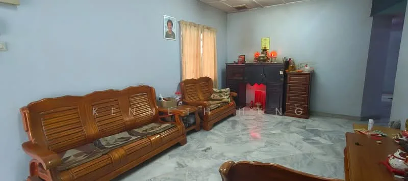 Living features: 3-seater wooden sofa, 2-seater wooden sofa, marble flooring, light grey painted walls, curtains, wooden side table, decorative wall art, built-in cabinet with red accents; style: traditional.