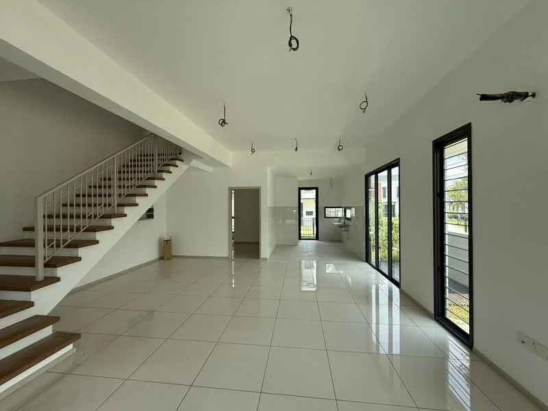 Living features: white painted walls, glossy ceramic tile flooring, large floor-to-ceiling windows, sliding glass door, open layout, recessed downlights, staircase with wooden steps and metal railing, neutral color scheme; style: modern; view: garden.