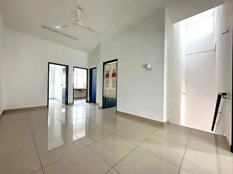 Room features: white painted walls, glossy ceramic tile flooring, ceiling fan, large windows allowing natural light, doorway leading to another room, doorway leading to staircase, neutral color scheme, high ceiling; style: modern.