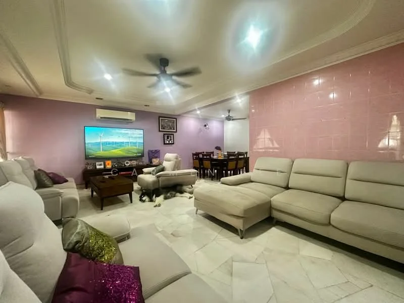 Living features: L-shape sectional sofa in light grey, marble flooring, purple accent wall with tile cladding, white painted walls with crown moulding, 5-blade ceiling fan, wall-mounted TV, coffee table, decorative cushions in various colors, LED recessed lighting, air conditioning unit; style: modern. Dining features: 6-seater wooden dining table, wooden dining chairs, ceiling fan, wall-mounted artwork; style: modern.