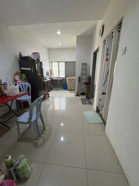 Room features: white painted walls, glossy tile flooring, recessed downlights, kitchen area with black fridge, red dining table with plastic chairs, ladder against the wall, window with blinds, doorway leading to another room, open layout, clean and uncluttered space, area rug near the entrance; style: modern.