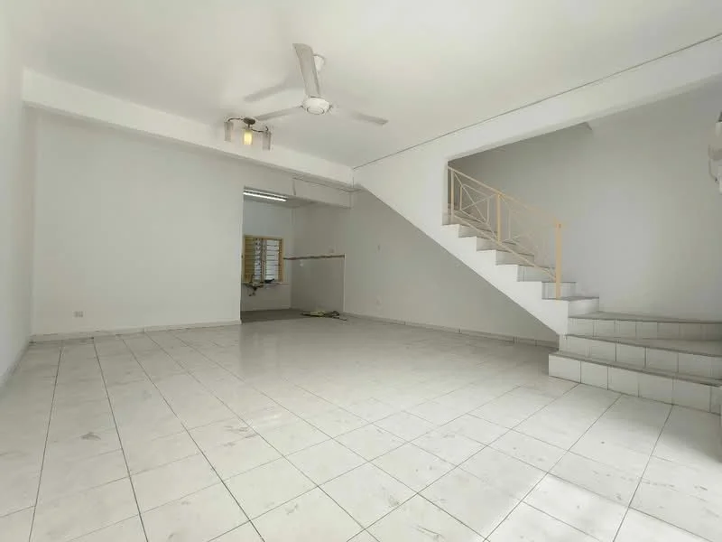 Living features: white painted walls, ceramic tile flooring, 5-blade ceiling fan, recessed downlights, staircase with railing, large windows for natural light, open layout, neutral color scheme; style: modern.