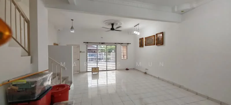 Living features: white painted walls, glossy white tile flooring, 5-blade ceiling fan with light, recessed downlights, sliding glass door, floor-to-ceiling windows, decorative wall art, open layout, natural light from windows, window treatments, space for furniture arrangement; style: modern; view: garden.