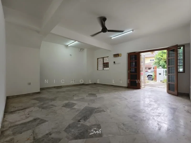 Room features: marble flooring, white painted walls, exposed ceiling, ceiling fan, two wooden doors, large window, natural light, open layout; style: modern; view: garden.