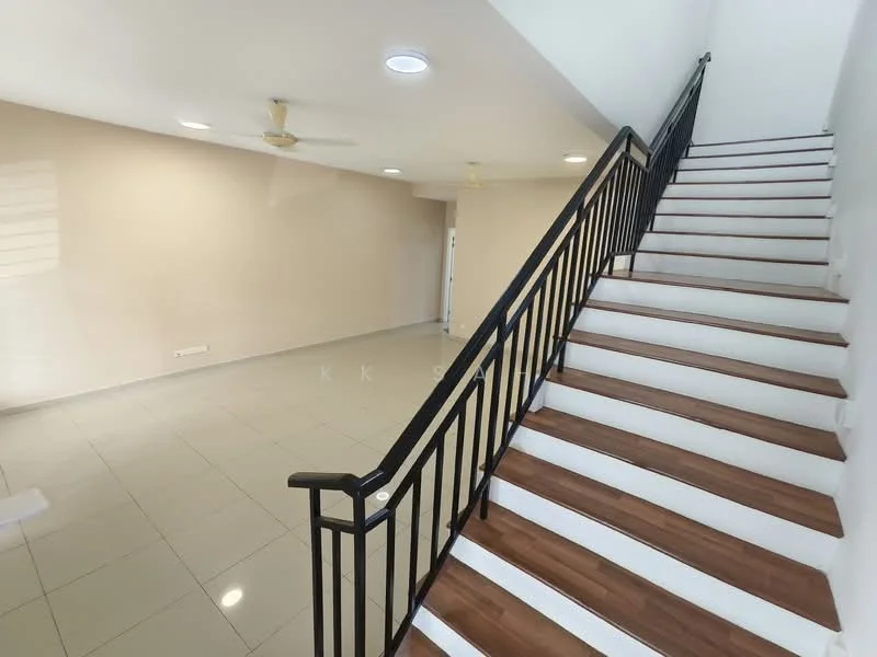 Room features: white painted walls, glossy ceramic tile flooring, wooden staircase with white risers, 2 ceiling fans, recessed downlights, open space layout; style: modern.