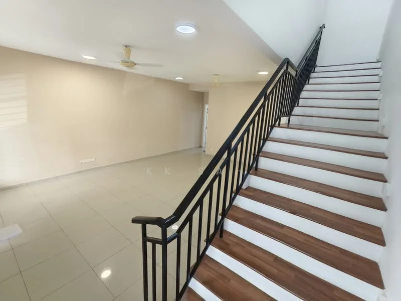 Room features: white painted walls, glossy ceramic tile flooring, wooden staircase with black metal railing, ceiling fan, recessed downlights, large windows for natural light; style: modern.