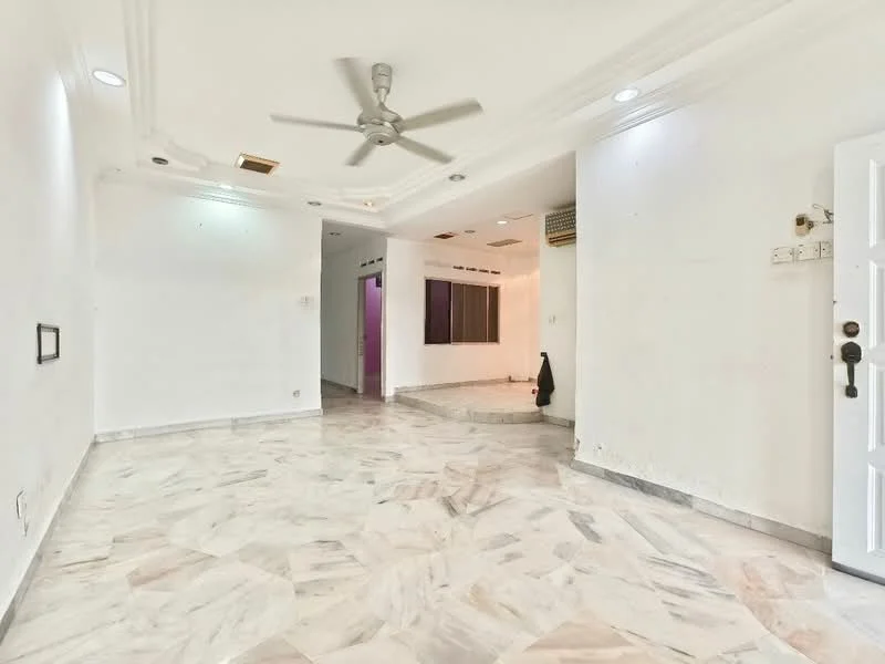 Living features: marble flooring, white painted walls, tray ceiling, ceiling fan, recessed downlights, door with handle, open layout, multiple entry points.