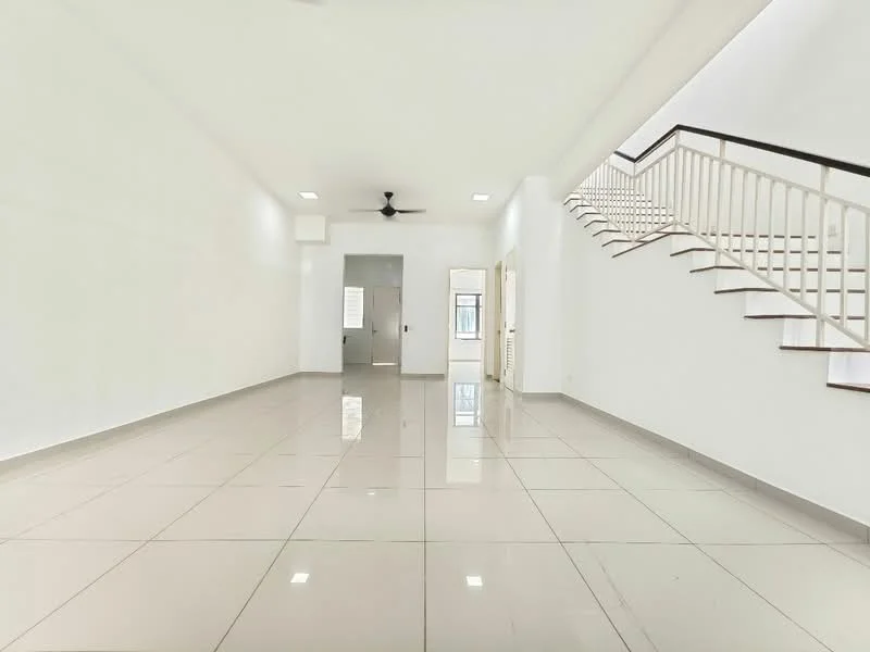 Living features: white painted walls, glossy ceramic tile flooring, 5-blade ceiling fan, recessed downlights, large windows, open layout, staircase with white railing, neutral color scheme; style: modern.