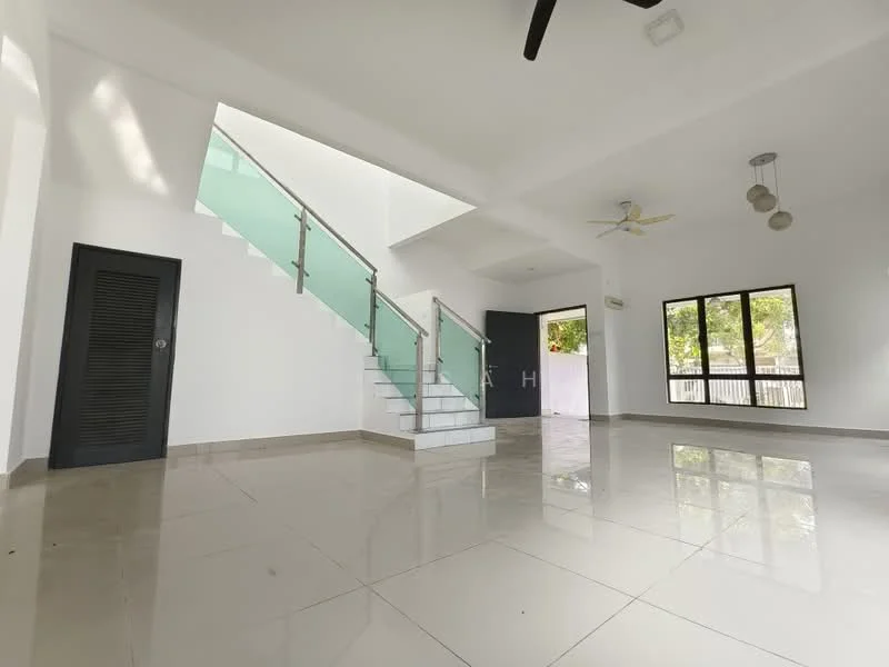 Living features: white painted walls, polished ceramic tile flooring, ceiling fan with 3 blades, large windows with black frames, glass railing on staircase, staircase with white steps, natural light from windows, open layout, neutral color scheme; style: modern; view: garden.