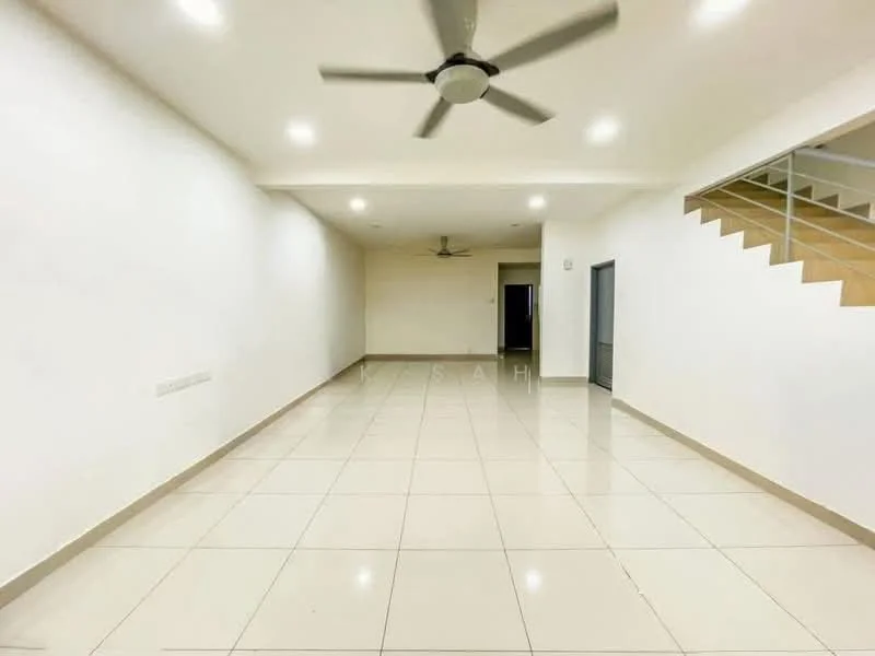 Living features: white painted walls, glossy ceramic tile flooring, 5-blade ceiling fan, recessed LED downlights, open layout, staircase visible in background, neutral color scheme, large open space; style: modern.
