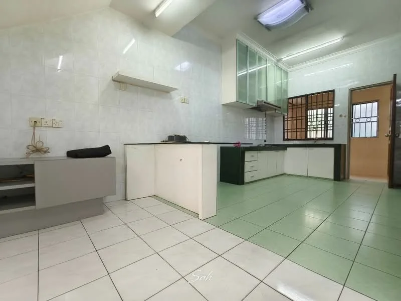 Kitchen features: white tiled walls, green tiled flooring, L-shaped countertop, built-in cabinetry in green, stainless-steel sink, single-bowl stainless-steel sink, wall-mounted cabinets with glass fronts, electric stove, window with metal grille, door leading to hallway; style: modern.