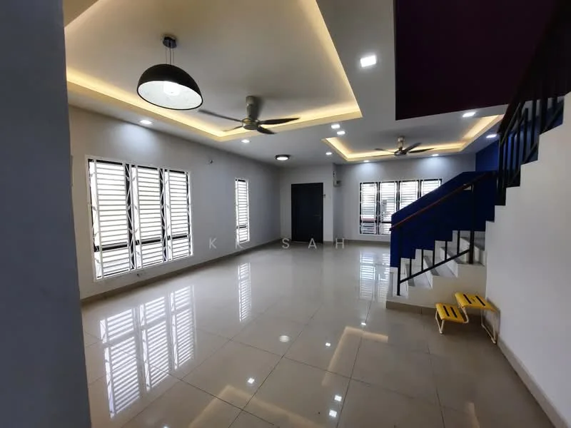 Living features: white painted walls, glossy ceramic tile flooring, tray ceiling with recessed lighting, 2 ceiling fans, large windows with horizontal slats, LED strip lighting, open layout, staircase with black railing; style: modern.