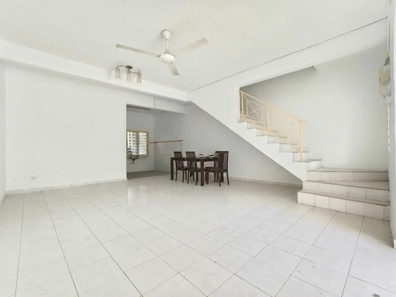 Living features: white painted walls, ceramic tile flooring, 5-blade ceiling fan, large windows, staircase with white railing, dining table with four chairs, open layout, natural light; style: modern. Room features: white painted walls, ceramic tile flooring, large windows.
