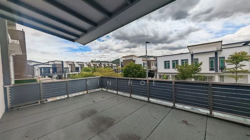 Room features: balcony, metal railing, concrete flooring, overhead roof, view of neighboring buildings, cloudy sky, outdoor space; style: modern; view: city.