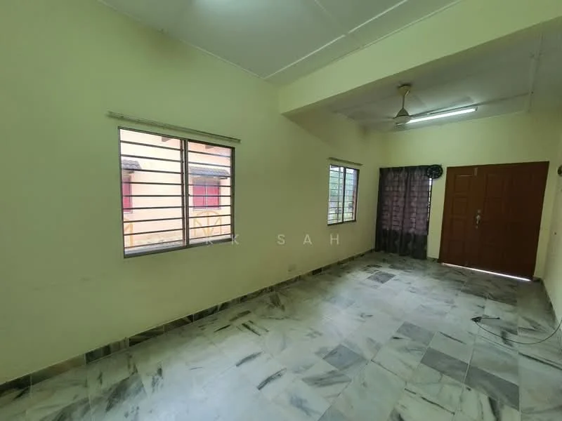 Room features: cream painted walls, marble tile flooring, sliding windows with metal grills, ceiling fan, curtains, wooden door, natural light from windows.