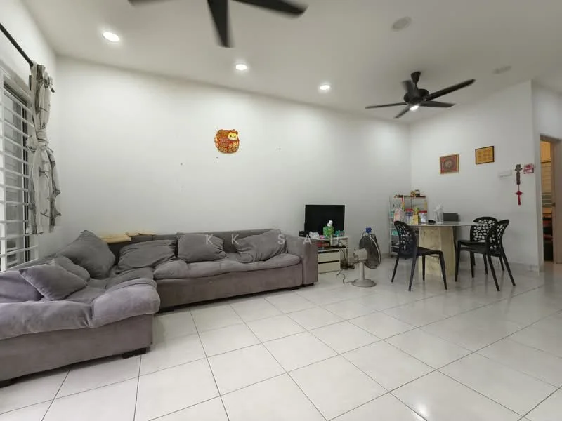 Living features: grey fabric L-shape sectional sofa, white tiled flooring, ceiling fan with light, wall-mounted TV, coffee table, dining table with 4 black chairs, window with sheer curtains, decorative wall art, standing fan; style: modern.