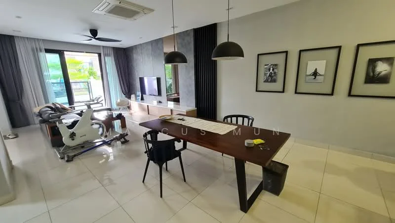 Living features: white painted walls, grey accent wall, polished ceramic tile flooring, 5-blade ceiling fan with light, floor-to-ceiling windows, blackout curtains, TV console, wall-mounted TV, wood dining table, black dining chairs, exercise bike, decorative artwork on walls, area rug; style: modern; view: garden.