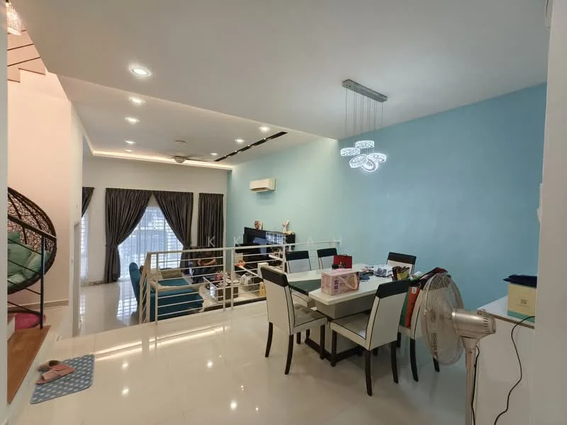 Dining features: white dining table, 6 upholstered dining chairs, chandelier with decorative lighting, light blue accent wall, white tiled flooring, air conditioning unit, floor-to-ceiling windows with sheer curtains, decorative wall art, fan, open layout to living area; style: modern. Living features: blue sofa, coffee table, decorative cushions, TV console, area rug, open layout to dining area; style: modern.