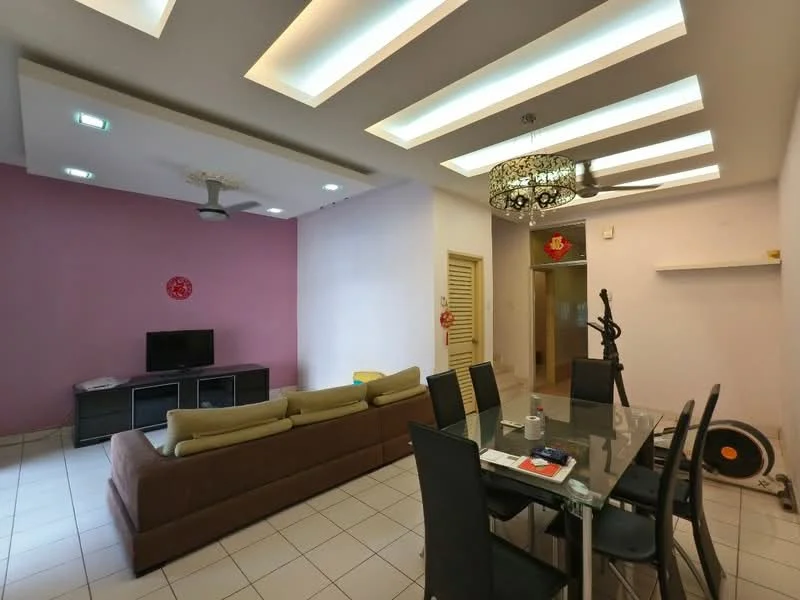 Living features: 3-seater fabric sofa in beige, coffee table, wall-mounted TV, ceiling fan with light, recessed LED downlights, pink accent wall, white painted walls, tile flooring, dining table with black chairs, decorative chandelier; style: modern. Dining features: dining table with black chairs, decorative chandelier, tile flooring; style: modern.
