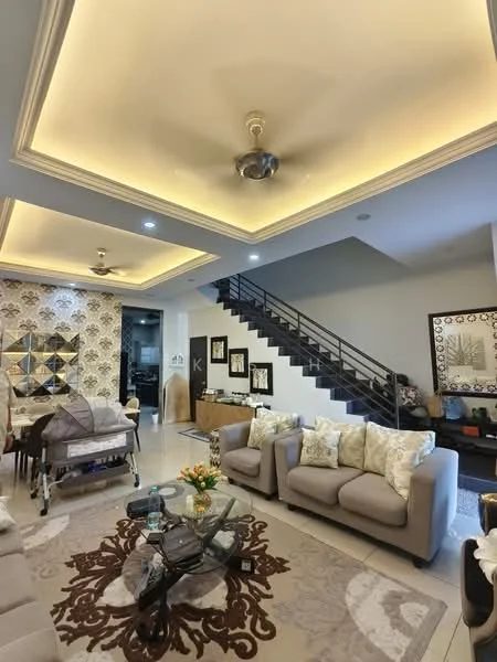 Living features: 5-blade ceiling fan with integrated LED light, recessed downlights, cream painted walls, decorative wall with patterned wallpaper, area rug with floral pattern, 3-seater fabric sofa in light grey, 2-seater fabric sofa in light grey, glass coffee table, framed artwork on walls, staircase with metal railing, decorative plants, wall-mounted TV, built-in cabinetry; style: modern.